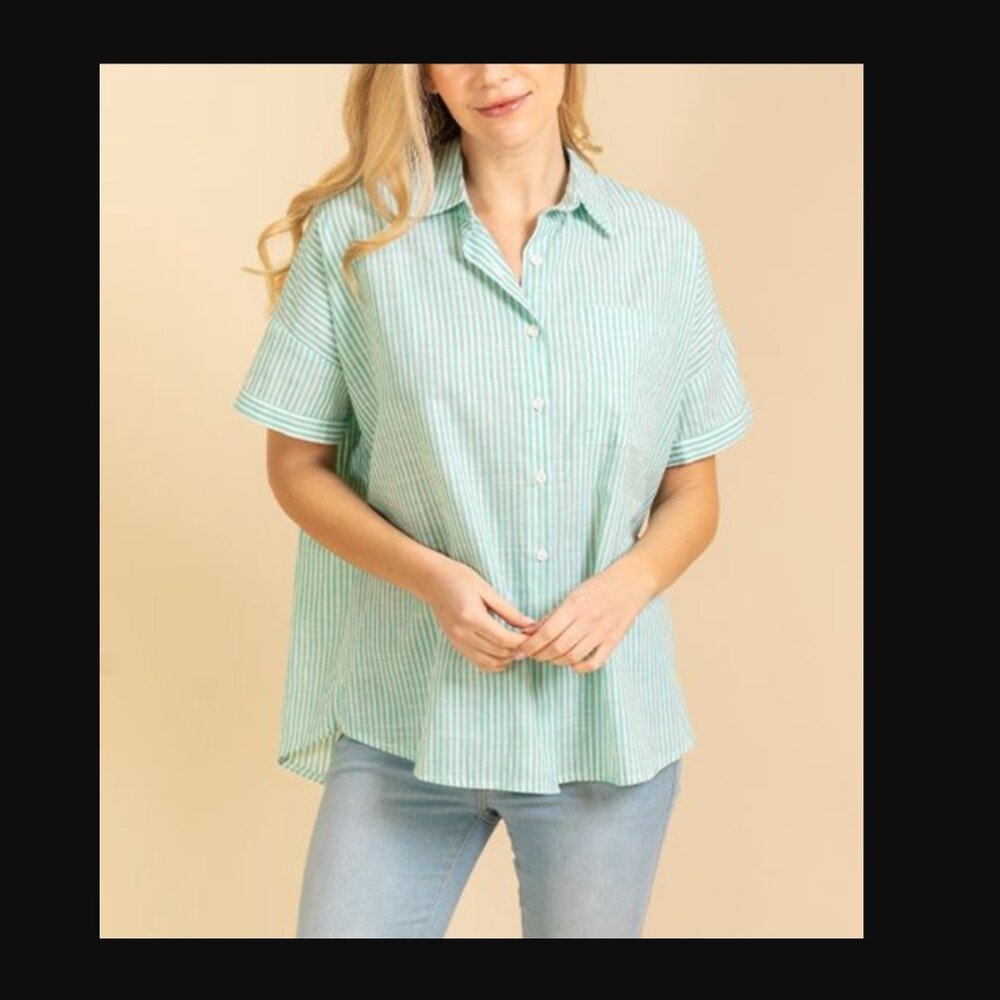 Green & Ivory Short Sleeve Stripes Collard Top